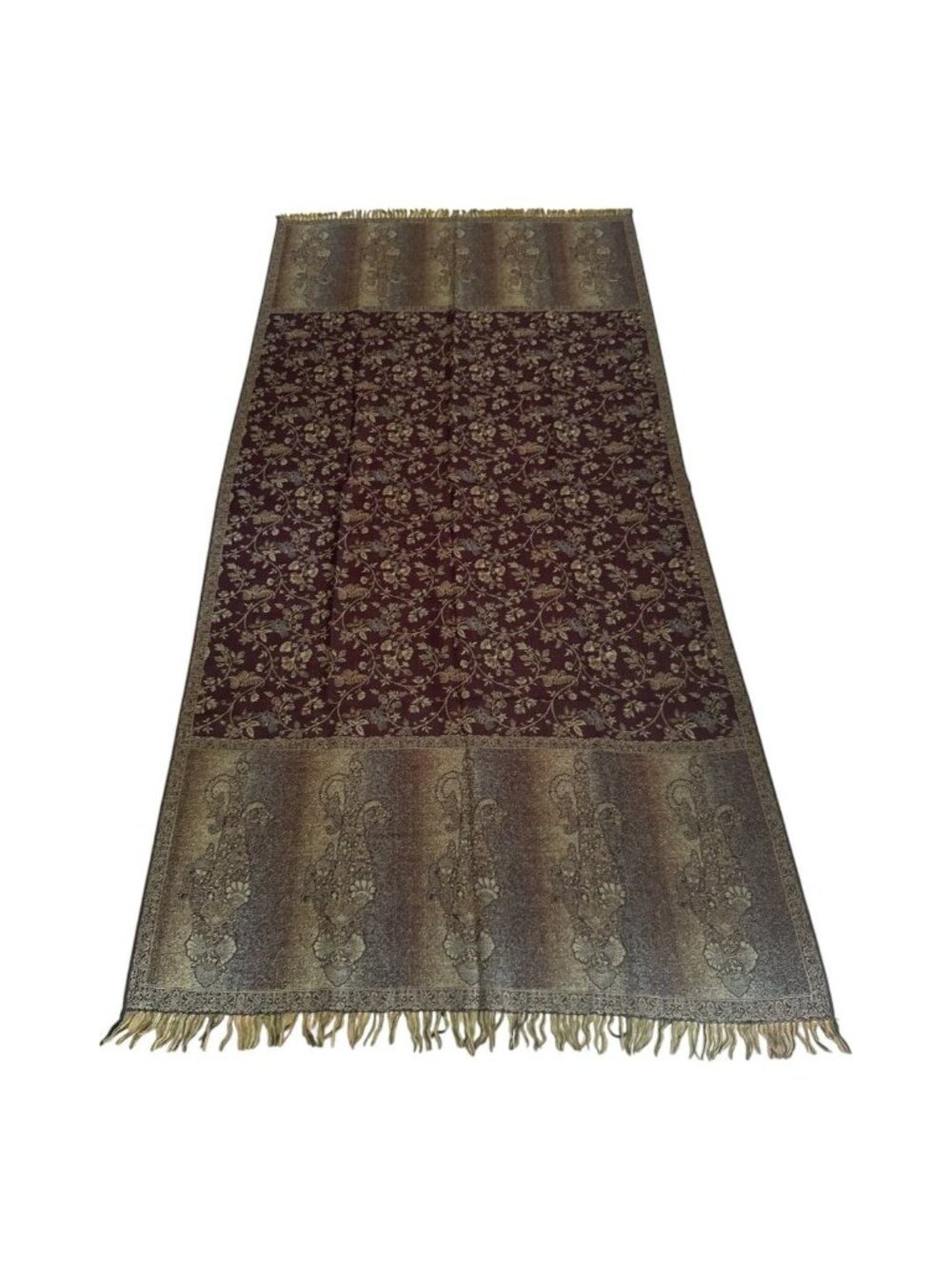 Vintage Maroon Gold Floral Paisley Woven Shawl Rug Throw 80x40” Fringe Boho Tape